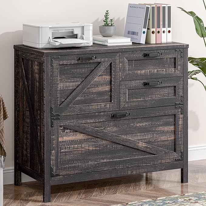 Vabches 4-Drawer Wood Lateral File Cabinet for Hanging Files Letter/A4/Legal Size, Large Farmhouse File Cabinets for Home Office, Printer Stand with Office Cabinets, Office Furniture, Dark Rustic Oak