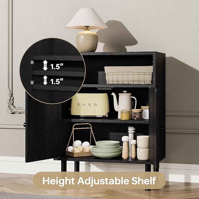 Rattan Storage Cabinet, Boho Accent Cabinet with Double Doors, Small Freestanding Sideboard for Hallway, Laundry Room,Kitchen, Dining Room, Entryway (Black)