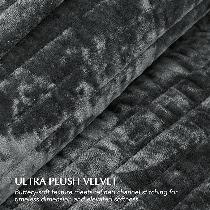 EVERGRACE Velvet Quilt Set King Size, Luxurious Soft Striped Channel Bedding Set, Lightweight Velvet Comforter for All Season, Oversized Bedspread Coverlet with 2 Matching Shams, Charcoal Gray