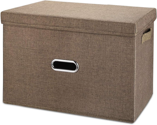 Linen Fabric Collapsible Storage Bins with Removable Lids and Handles, Washable Storage Box Containers Baskets Cube with Cover for Bedroom,Closet,Office,Living Room,Nursery (Coffee, Small)