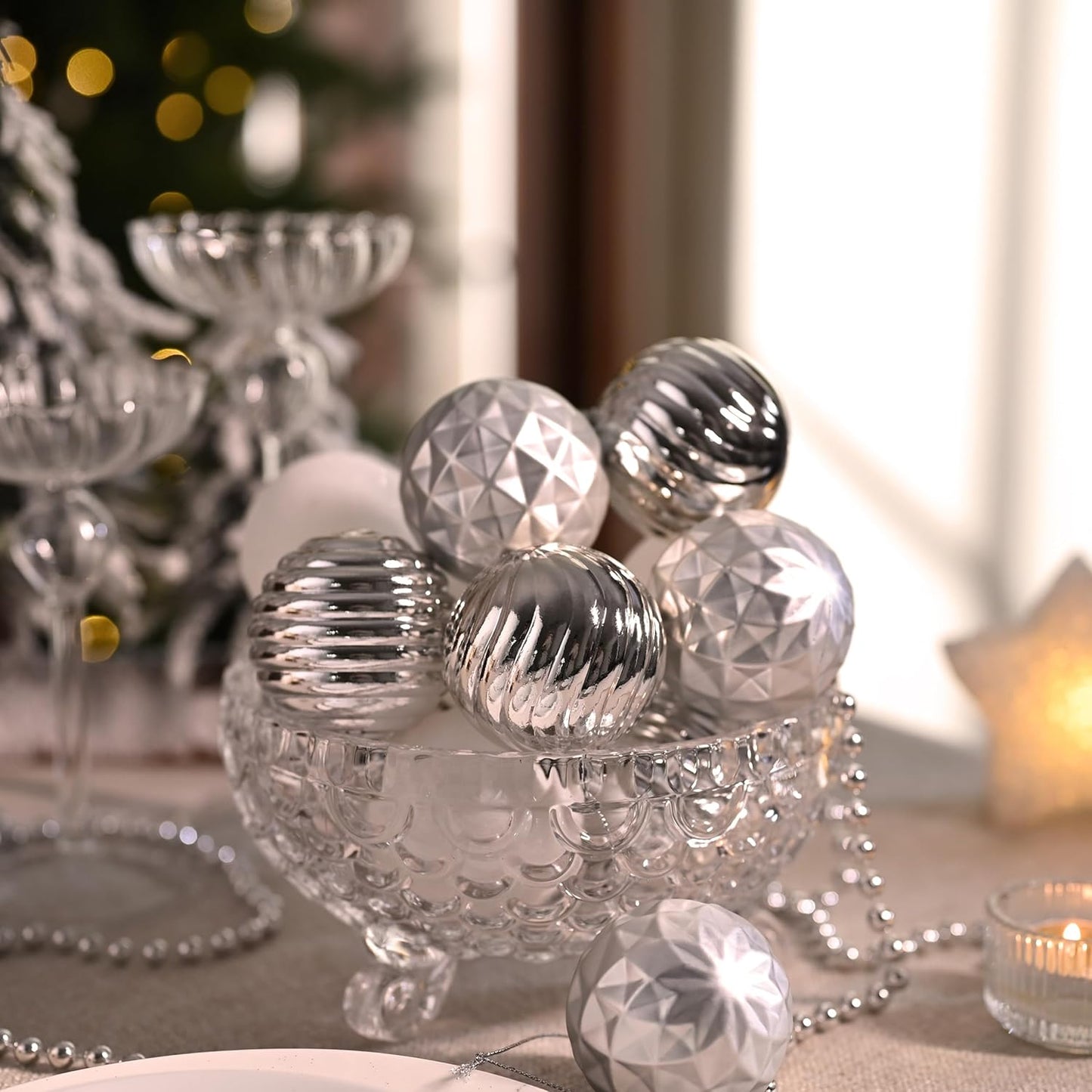 Valery Madelyn Christmas Ornaments Tree Decorations Set for Fall Halloween, 24ct Silver White Shatterproof Ball Ornaments, 2.36" Hanging Ornament Bulk for Xmas Holiday Party Decor