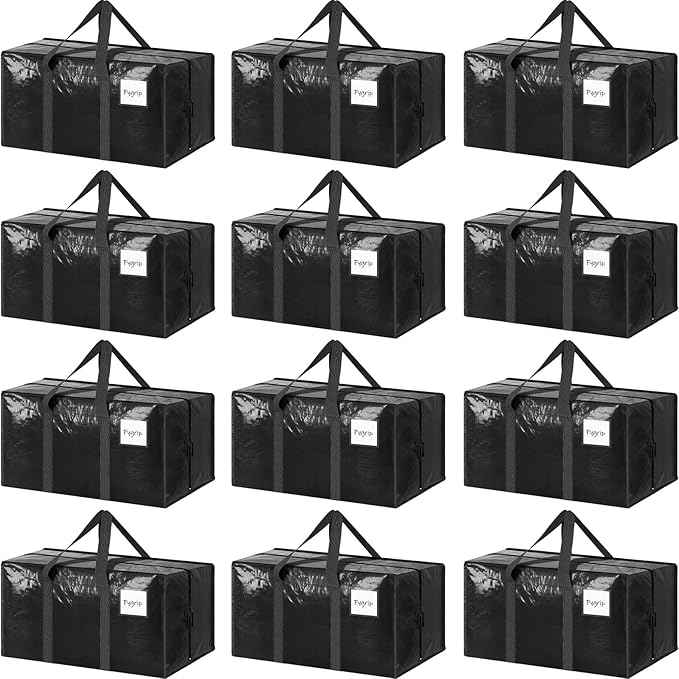 12 Pack Extra Heavy Duty Large Moving Bags with Strong Zipper & Comfortable Handles, Sturdy & Durable Clothes Storage Bags Totes Bins, Packing Moving Boxes for College Supplies, Black