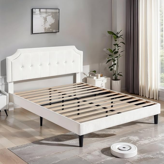VECELO Queen Size Bed Frame with Velvet Upholstered Headboard, Platform Bedframe Mattress Foundation, Sturdy Wooden Slats Support,No Box Spring Needed Noise Free/Easy Assembly, White