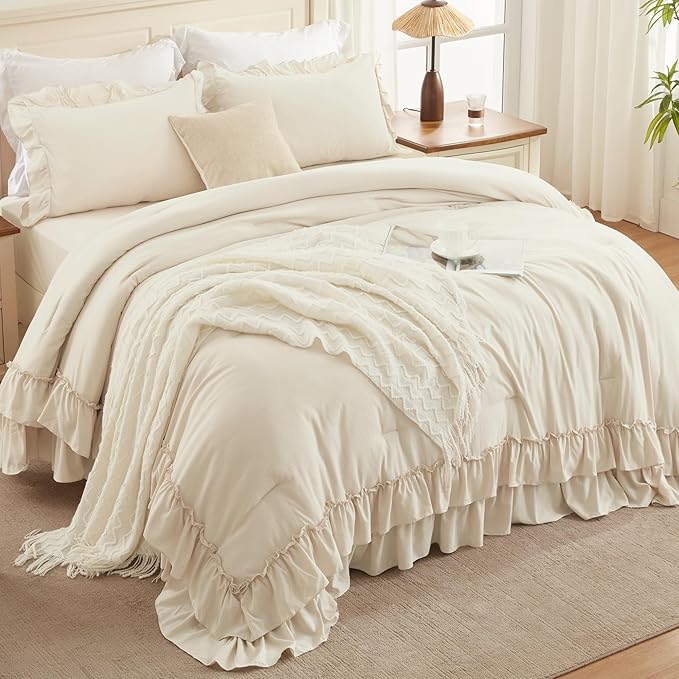 Andency Beige Comforter Set King Size, 3 Pieces Lightweight Fluffy Solid Ruffle Comforter Set, All Season Soft Microfiber Farmhouse Shabby Chic Bed Set(Beige, 104x90Inch)