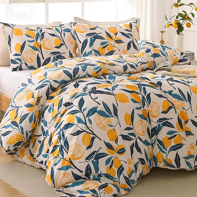 MUXHOMO Lemon Blossom Bed in a Bag King 7 Pieces, King Comforter Set Reversible Botanical Flowers Design, Ultra Soft & Breathable Bedding Sets with Comforter, Sheets, Pillowcases & Shams