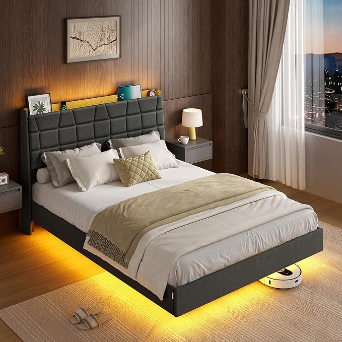 VASAGLE Full Size Floating Bed Frame with LED Lights, Upholstered Full Bed Frame with Charging Station, Tufted Storage Headboard, Noise-Free, No Box Spring Needed, Dark Gray URMB852G71V1