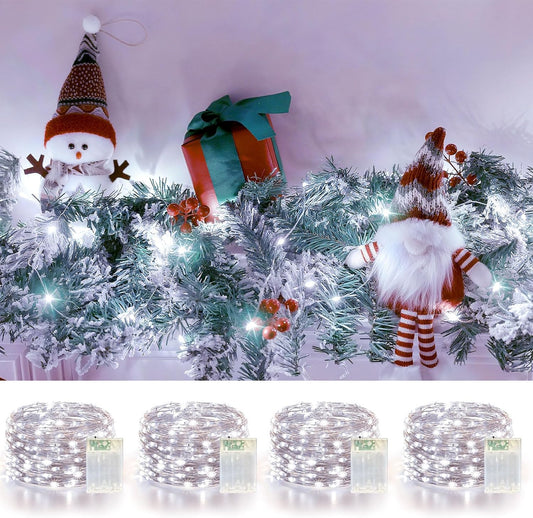 4 Pack 60LED Christmas Fairy Lights Battery Operated - 20FT Twinkle Lights with 2 Lighting Modes Indoor Outdoor, Waterproof Led Fairy String Lights for Bedroom, Classroom, Dorm, DIY Decor, Cool White