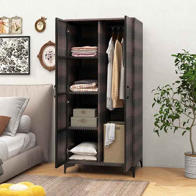 Giantex Wicker Storage Cabinet, 62” Tall Pantry Cabinet with 2 Doors, Hanging Rod, 4 Storage Cubes, Metal Legs, Anti-Tipping Device, PE Rattan Storage Cabinet for Home Office, Garage Cabinets (Brown)