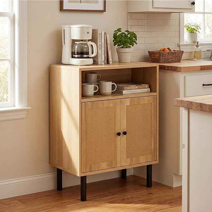 Narrow Storage Cabinet with Rattan Doors, 32" Tall Small Cabinet for Bathroom, Small Space Hallway Entryway, Free-Standing Sideboard for Laundry Room Kitchen, Easy Assembly(Dark Oak)