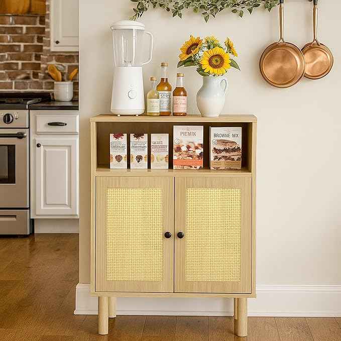 Rattan Storage Cabinet, Boho Accent Cabinet with Double Doors, Small Freestanding Sideboard for Hallway, Laundry Room,Kitchen, Dining Room, Entryway (Oak)