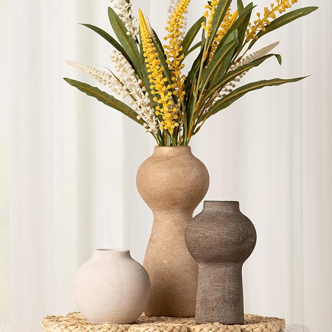 Ceramic Vase Home Table Decor - Flower Vase Set of 3 Living Room Kitchen Decorations Farmhouse Modern Rustic Vases Decorative Centerpiece for Shelf Bedroom Office Bathroom Dining Coffee Desk
