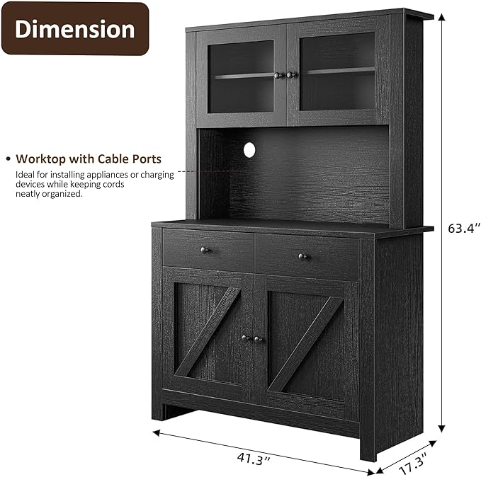 IDEALHOUSE 63" Kitchen Pantry Cabinet with Drawers, Hutch Cabinet with Storage, Microwave Stand, Adjustable Shelves, Freestanding Tall Pantry Storage for Dining Room, Living Room, Black