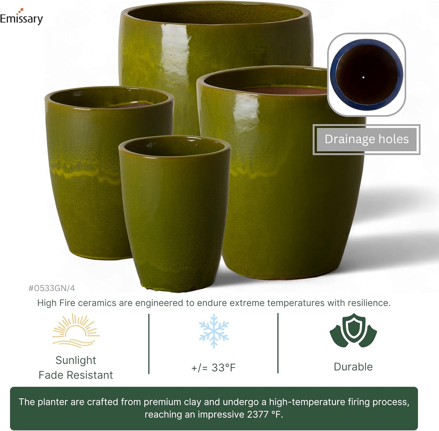 Emissary Bullet 18 in. Green Ceramic Round Planter (18 in. L x 18 in. W x 21 in. H) with Drainage Hole