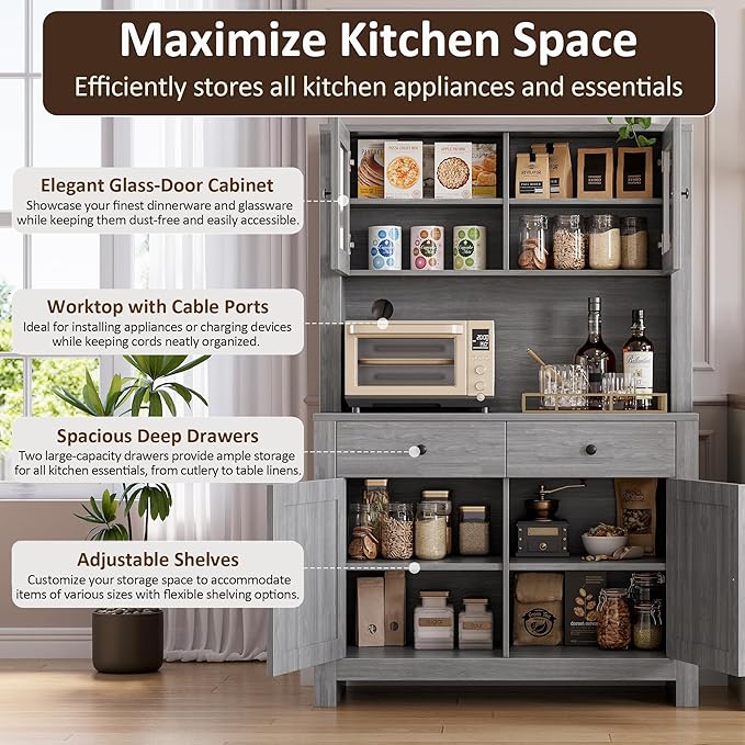 IDEALHOUSE 63" Kitchen Pantry Cabinet with Drawers, Hutch Cabinet with Storage, Microwave Stand, Adjustable Shelves, Freestanding Tall Pantry Storage for Dining Room, Living Room, Grey