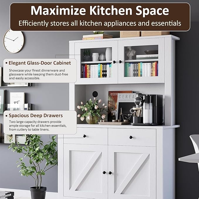 IDEALHOUSE 63" Kitchen Pantry Cabinet with Drawers, Hutch Cabinet with Storage, Microwave Stand, Adjustable Shelves, Freestanding Tall Pantry Storage for Dining Room, Living Room, White