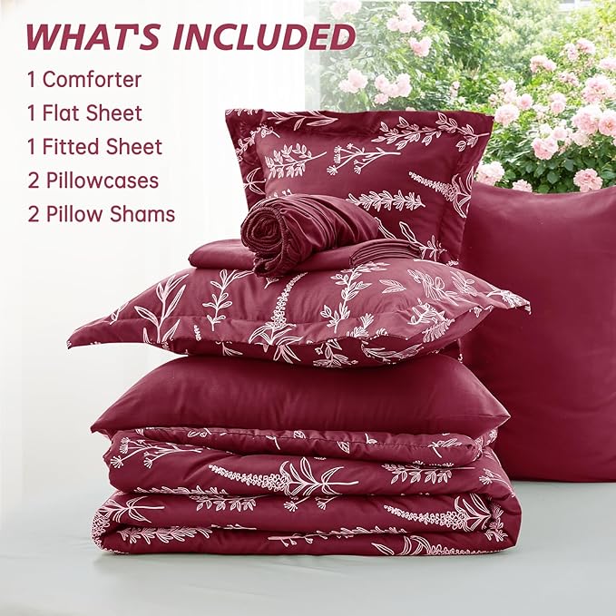 MUXHOMO Burgundy Full Comforter Set, Elegant Floral Print Bed in a Bag 7 Pieces, Ultra Soft & Breathable Reversible Botanical Pattern Bedding Set with Comforter, Sheets, Pillowcases, and Shams