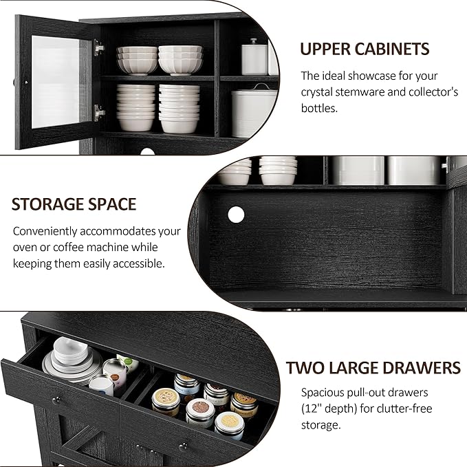 IDEALHOUSE 63" Kitchen Pantry Cabinet with Drawers, Hutch Cabinet with Storage, Microwave Stand, Adjustable Shelves, Freestanding Tall Pantry Storage for Dining Room, Living Room, Black