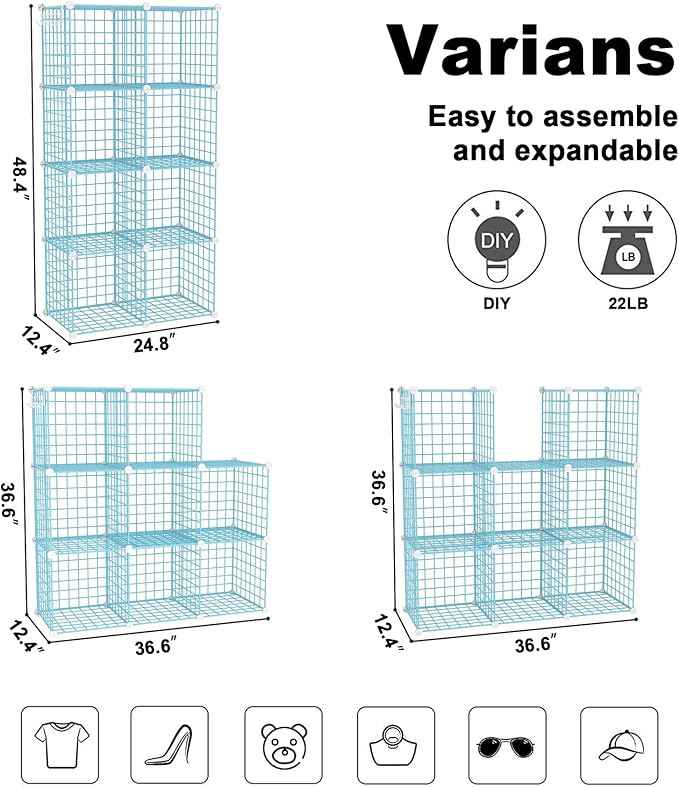 C&AHOME Wire Cube Storage, 8 - Cube Organizer Metal C Grids, Modular Shelves Units, Closet Organizer, Ideal for Home, Office, Living Room, 24.8" L x 12.4" W x 48.4" H, Blue UWCS3008B