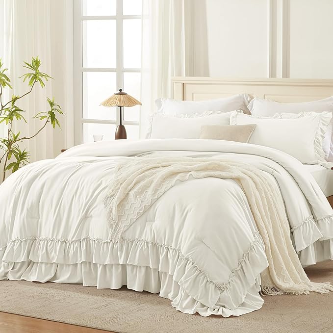 Andency Ivory Comforter Set Queen Size, Lightweight Fluffy Farmhouse Ruffle Bedding Set, Soft Microfiber All Season Shabby Chic Bed Comforter Set 3 Pieces(1 Comforter 2 Pillowcases)