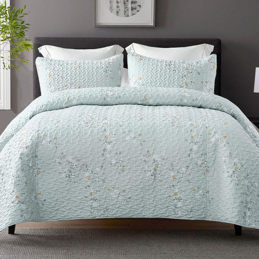Exclusivo Mezcla Reversible Boho Quilt Set King Size, 3 Pieces Flowers Aqua All Season Bedspreads, Ultra Soft Floral Coverlet Bedding Set with Printed Pattern (1 Quilt, 2 Pillow Shams)