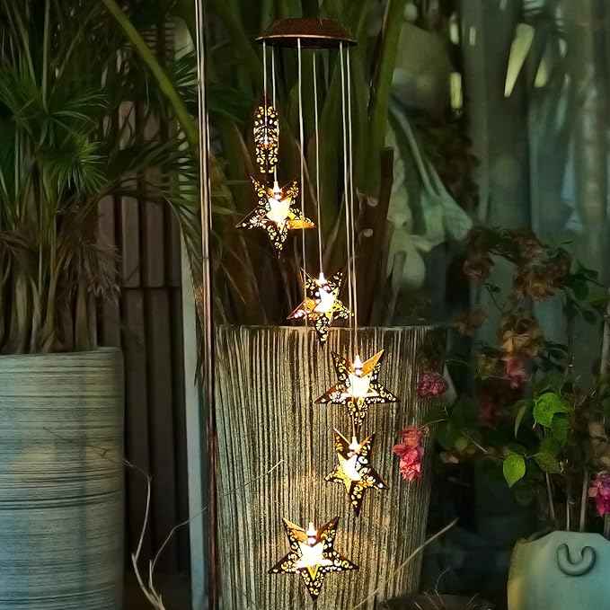 Tryme Solar Wind Chimes Star Wind Chime Warm LED Hanging Solar Lights Unique Garden Decor Memorial Thanksgiving Gifts for Mom Grandma Sister Home Party