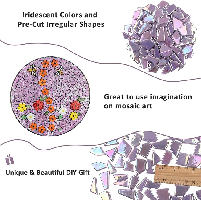 Youway Style Iridescent Purple Glass Mosaic Tiles for Crafs Bulk,200g Broken Stained Glass Pieces for Crafts DIY Mosaic Art Decor