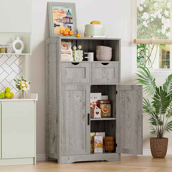 Iwell Storage Cabinet with 2 Drawers & 2 Adjustable Shelves, Kitchen Cabinet, Cupboard, for Living Room, Kitchen, Entryway, Home Office, Grey