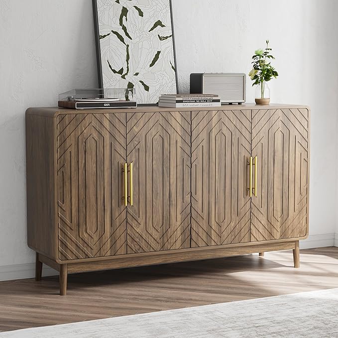 Ball & Cast 55" Modern Sideboard Cabinet with Storage, Carved 4-Door Buffet w/Adjustable Shelves & Solid Wood Legs, Credenza & Accent Cabinet for Living Room, Entryway, Kitchen,Dining Room,Walnut