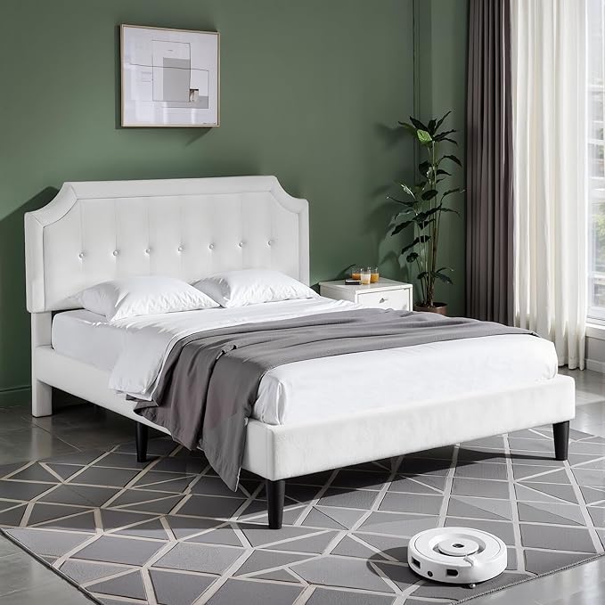 VECELO Queen Size Bed Frame with Velvet Upholstered Headboard, Platform Bedframe Mattress Foundation, Sturdy Wooden Slats Support,No Box Spring Needed Noise Free/Easy Assembly, White