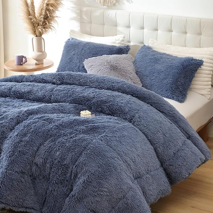 Smoofy Fluffy Full Size Comforter Set, Faux Fur Comforter Set, Luxury Fuzzy Bedding Set, Soft Shaggy Full Bed Set for All Season, 3 Pieces - 1 Comforter & 2 Pillowcases, Infinite Blue