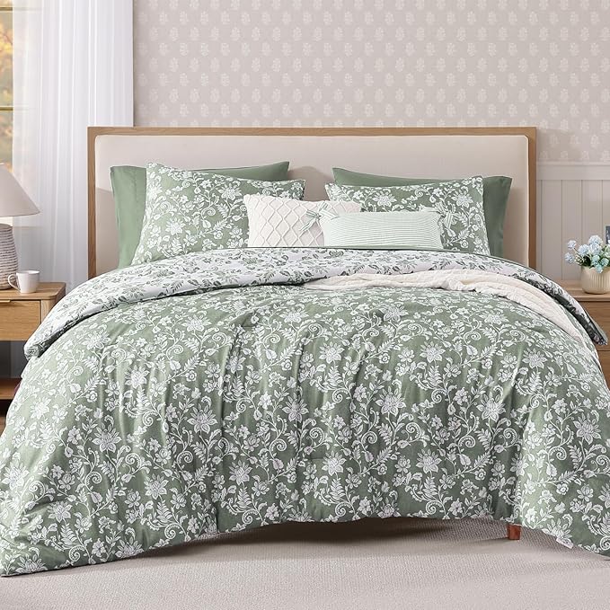Queen Comforter Set -7 Pieces Floral Grey Green Comforter Set for All Seasons, Bed in a Bag Queen with Botanical Flowers Comforter, Sheets, Pillowcases & Shams