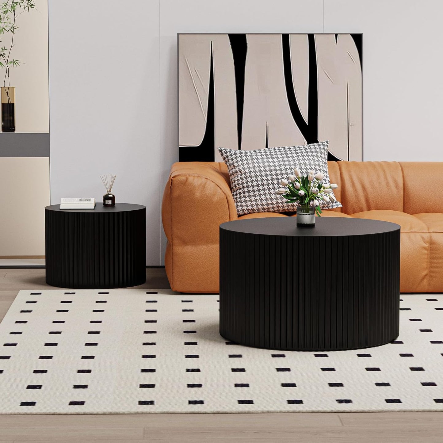 Round Nesting Coffee Table Black Round Fluted Coffee Table Set of 2 for Living Room Small Circle Drum Nested Coffee Tables (Black A 27in)