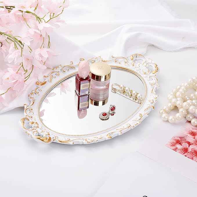 2 Pack - Vintage Decorative White Framed Mirror, Wall Hanging Mirrors & Tabletop Tray for Bedroom Living Room Dresser Decor, Oval- 9.6" W x 14.3" L (WHITE-2PACK)