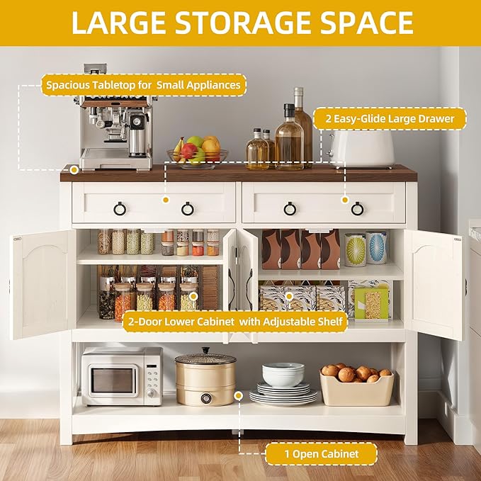DWVO 47.2" Buffet Sideboard Cabinet with Storage, Farmhouse Coffee Bar Cabinet w/2 Drawers, Wood 4-Doors Console Table with Adjustable Shelves for Kitchen, Dining Room, Living Room, Entryway (White)