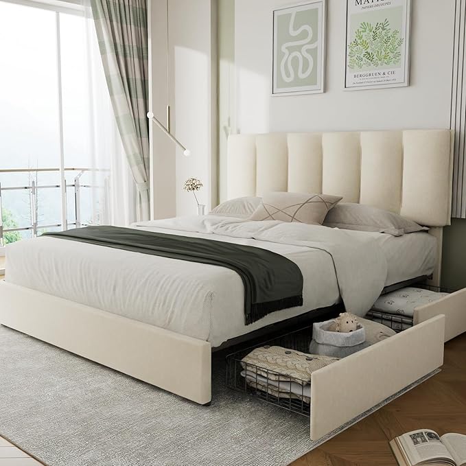 VECELO Full Size Bed Frame with 4 Storage Drawers, Adjustable Height Headboard, Heavy-Duty Platform Bedframe with Strong Wooden Slats, No Box Spring Needed, Pale Beige