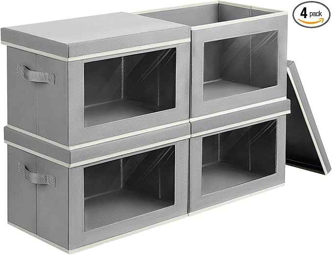Collapsible Storage Bins with Lids, 4 Pack Closet Cubes for Organization, Fabric Storage Baksets with Window, Clothes Organizer bins for Home, Dorm, Grey