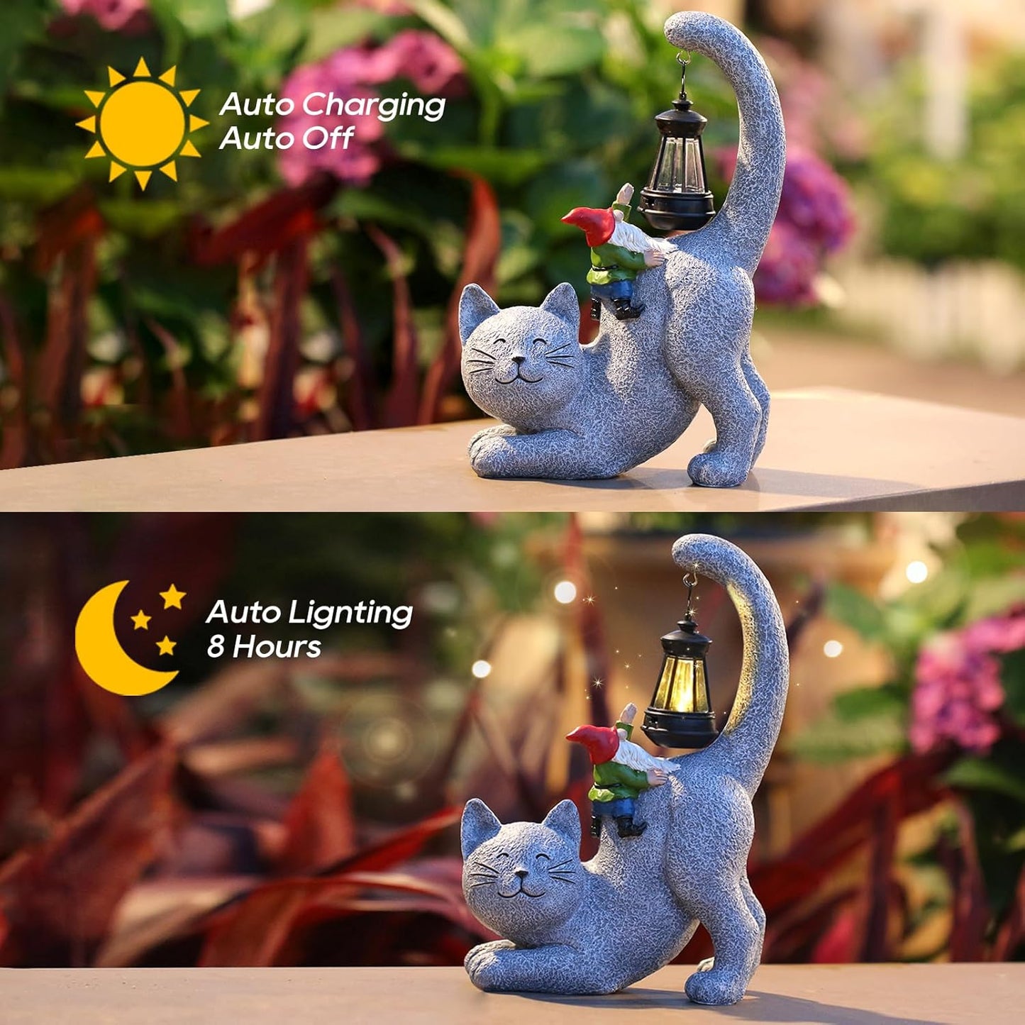 Snowrabbit Cat Statue Garden Decor with Funny Gnome Figurine & Solar Lantern, Motherday Gifts for Mom,Birthday Gift for Women,Cat Statues for Garden,Patio,Yard Decoration, Gray, SR-C-003