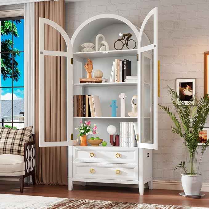 Arched Curio Cabinet with Glass Doors, 4-Tier Display Cabinet with 2 Drawers, Tall Bookcase with 3 Color Lights, Display Case, Kitchen Pantry (White)
