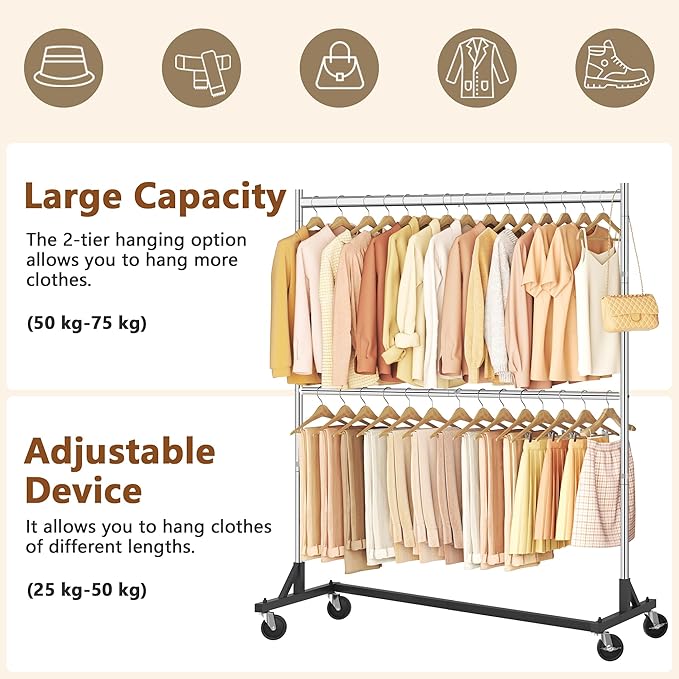 Hoctieon Double Rod Clothes Racks with Z-Base, Adjustable Clothing Rack, Standing Clothes Rack, Metal Clothing Racks for Hanging Clothes, Rolling Garment Rack, Chrome