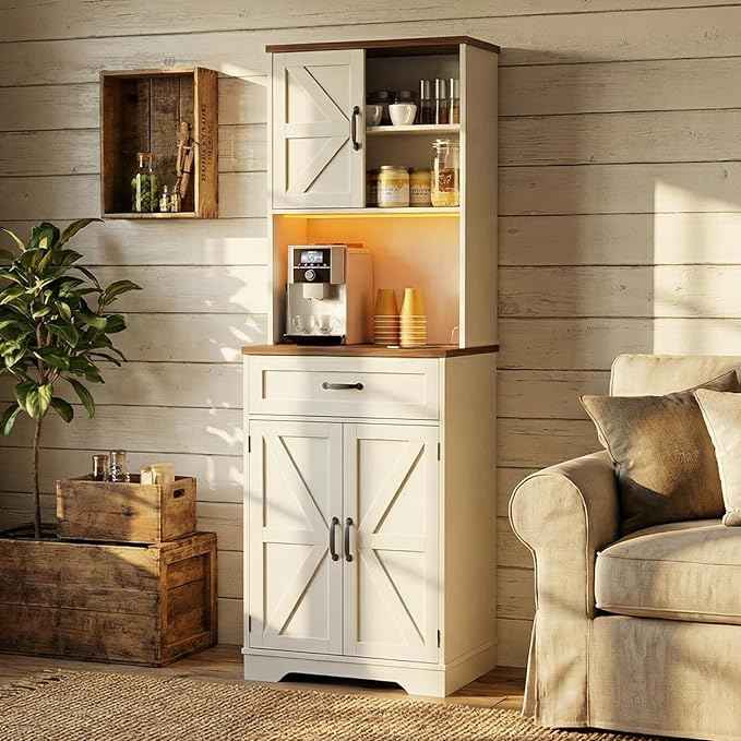 Vabches 68" Farmhouse Storage Cabinet with LED Light & Charging Station, Tall Kitchen Pantry Storage Cabinet with Storage Drawers, Coffee Bar with Hutch for Home Dining Living Room, Rustic White