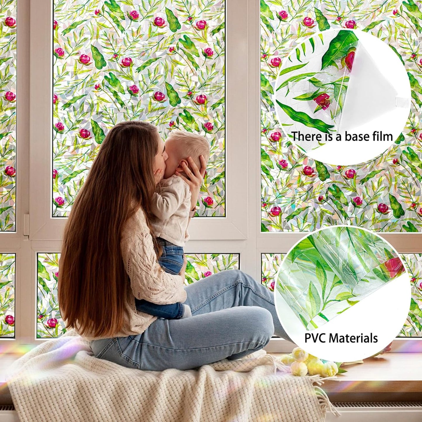Rainbow Window Privacy Film 3D Floral Decorative Stained Glass Window Film Anti UV Non-Adhesive Reusable 23.6" x 78.7" for Home Room Car Glass Cling