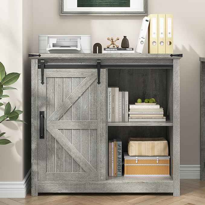 Vabches Lateral File Cabinets with Adjustable Shelf, Farmhouse Filing Cabinet for Home Office, Filing Organization Storage Cabinets with Sliding Barn Door for Hanging Files Letter/A4.