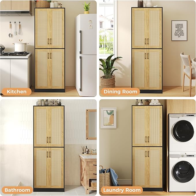 JASIWAY Kitchen Pantry Cabinet, 67" Tall Rattan Storage Cabinet with Doors and Adjustable Shelves, Wooden Linen Pantry Cupboard for Small Spaces Laundry Room Bathroom, Food Snack Towels Storage, Black