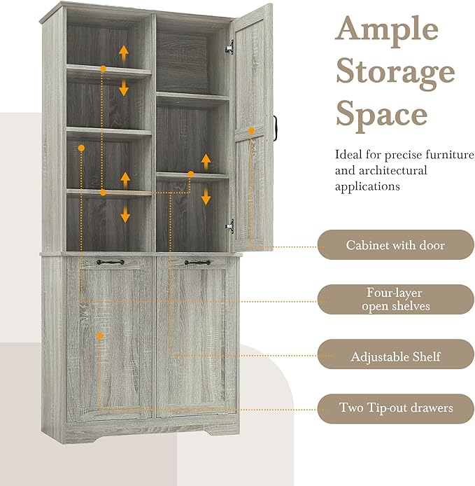 68" Tall Bathroom Storage Cabinet with Two Doors and Two Laundry Hampers for Home Display Organizer, Adjustable Shelf, Oak