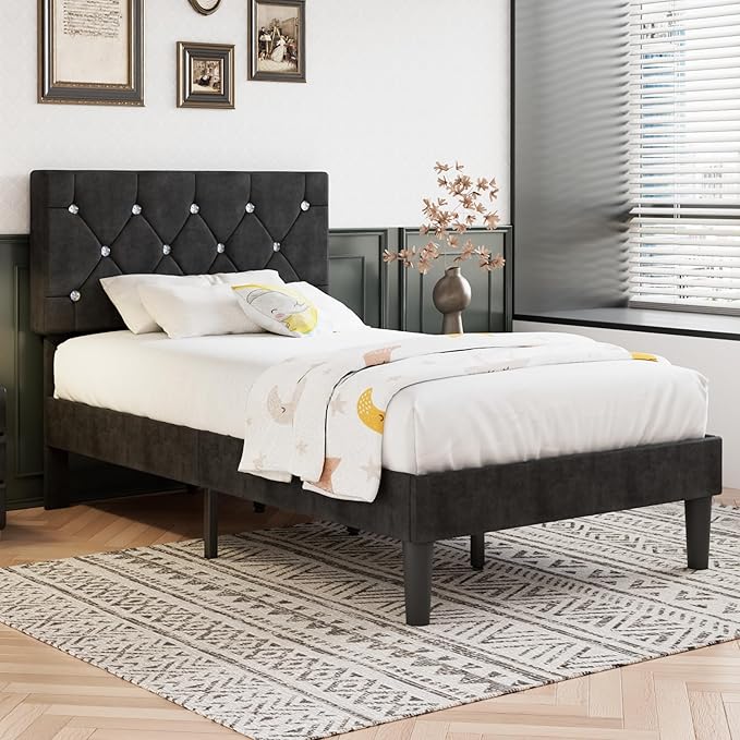 VECELO Twin Size Bed Frame, Upholstered Platform with Adjustable Diamond Tufted Headboard, Wood Slat Support, No Box Spring Needed, Velvet & Black