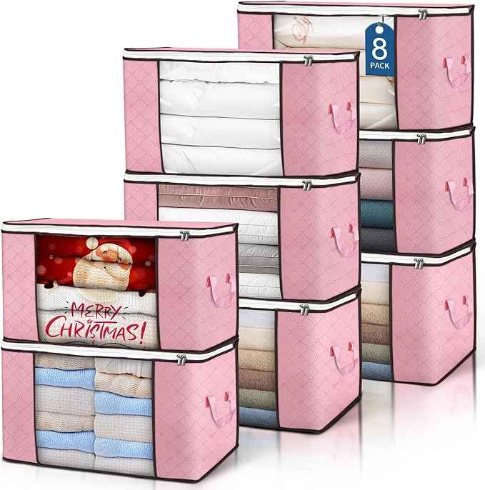 90 L Large Storage Bags, 8 Pack Clothes Storage Bins Foldable Closet Organizer Storage Containers with Durable Handle Storage and Organization, Blanket, Comforters, Bed Sheets, Pillows and Toys (Pink)