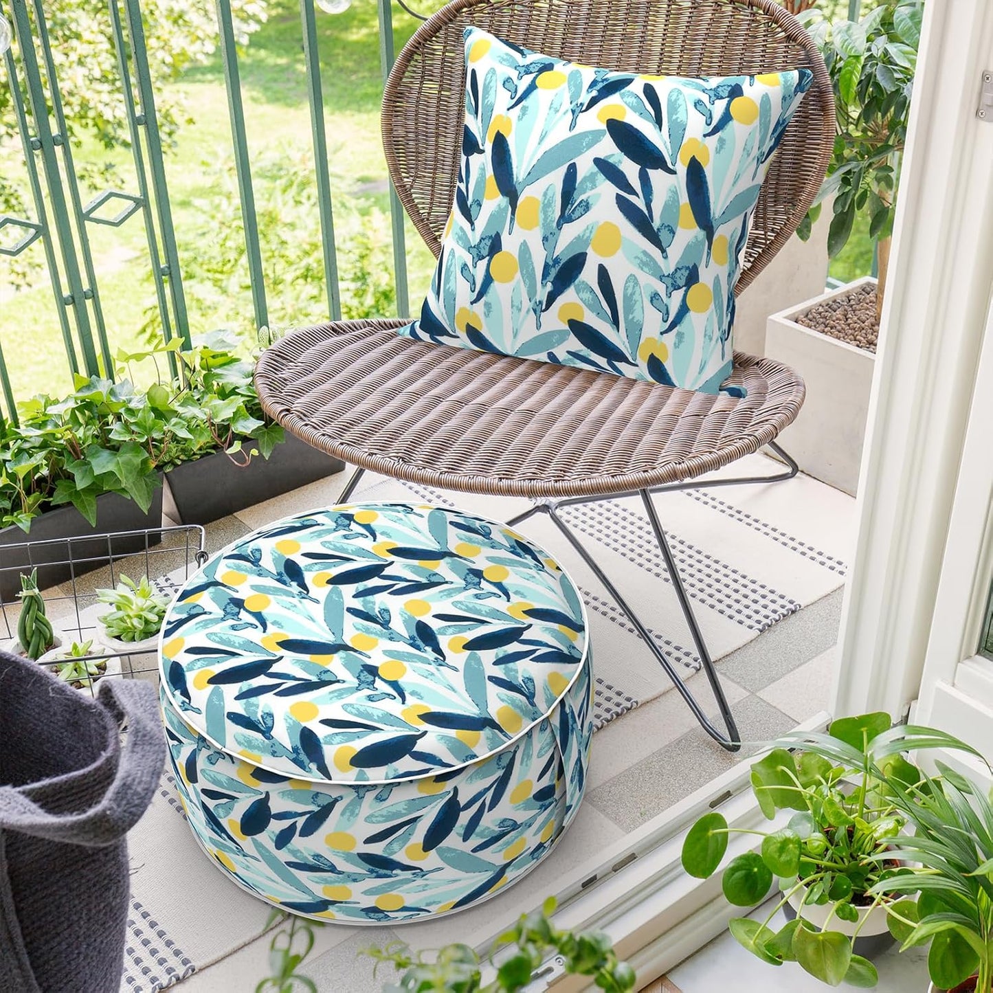 Inflatable Ottoman Stool D21 xH9 for Outdoor/Indoor Use, Water Repellent Patio Foot Rest Stool with Portable Handle,Round Pouf Ottoman Suitable for Garden,Deck and Camping - Leaves Multi