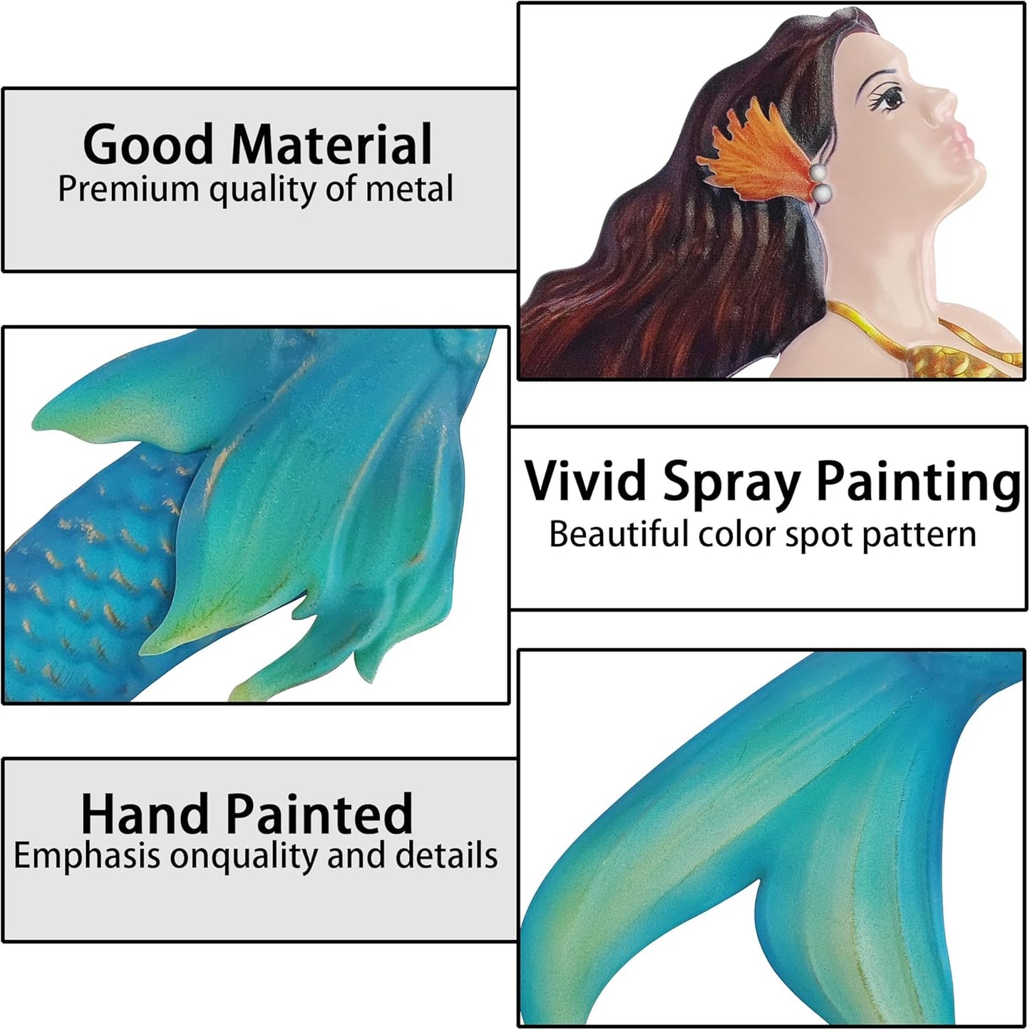 John's Studio Metal Mermaid Sea Wall Decor Outdoor Garden Hanging Art Sculptures Home Ocean Theme Decorations for Kitchen Bathroom and Pool - 14.9Inches