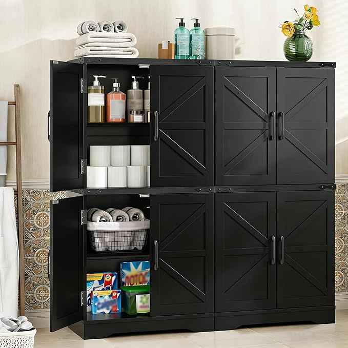 Vabches Farmhouse Floor Storage Cabinet with Adjustable Shelves, Rustic Style for Bathroom, Kitchen, Living Room, White and Black