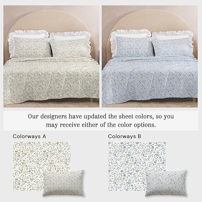 King Comforter Set - 7 Pieces Ruffle White Bedding Sets, Shabby Chic Farmhouse Bed in a Bag King with Ruffle Comforter, Floral Sheets, Pillowcases & Shams